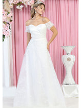 May Queen MQ1867B Short Puff Off Shoulder Glitter Ivory Wedding Gown