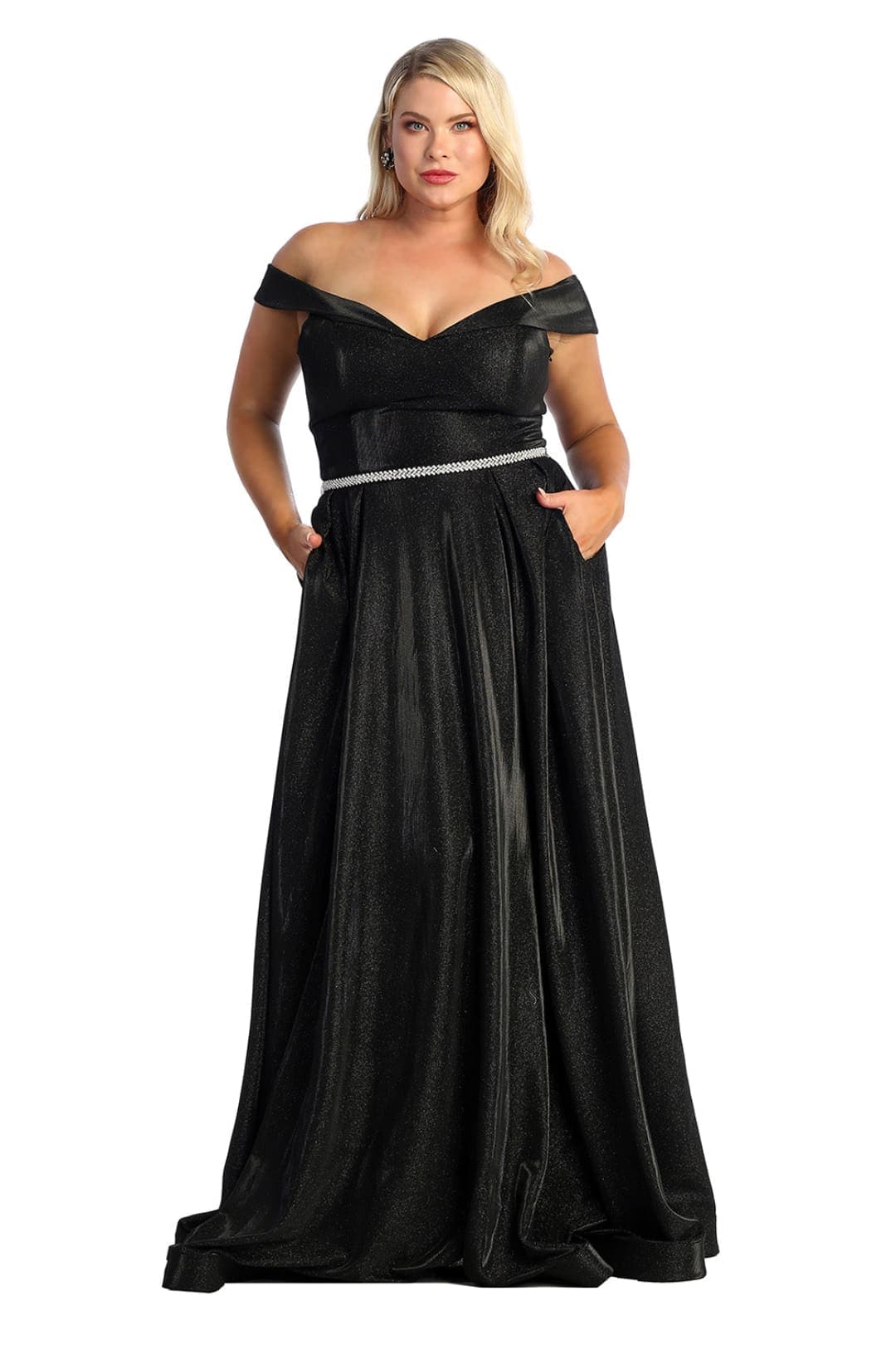 May Queen MQ1876B Side Pockets Off Shoulder Gala Plus Size Black Dress