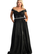 May Queen MQ1876B Side Pockets Off Shoulder Gala Plus Size Black Dress