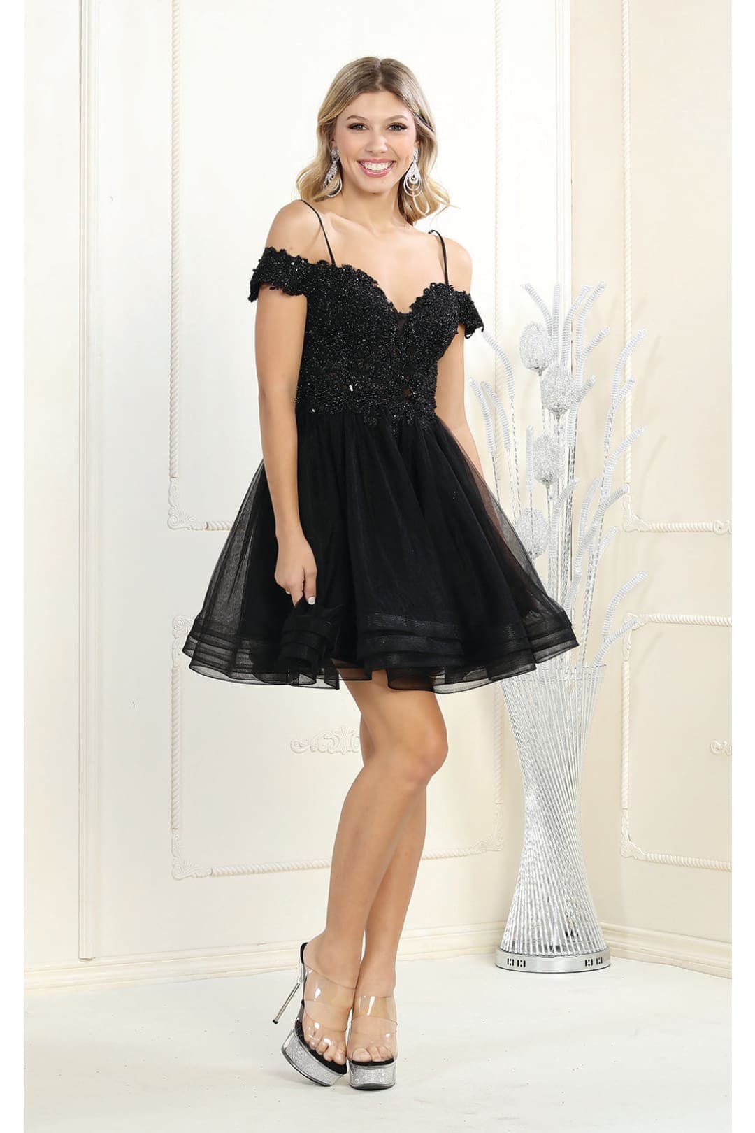 May Queen MQ1897 Cold Shoulder Short Dresses For Homecoming - BLACK / 2
