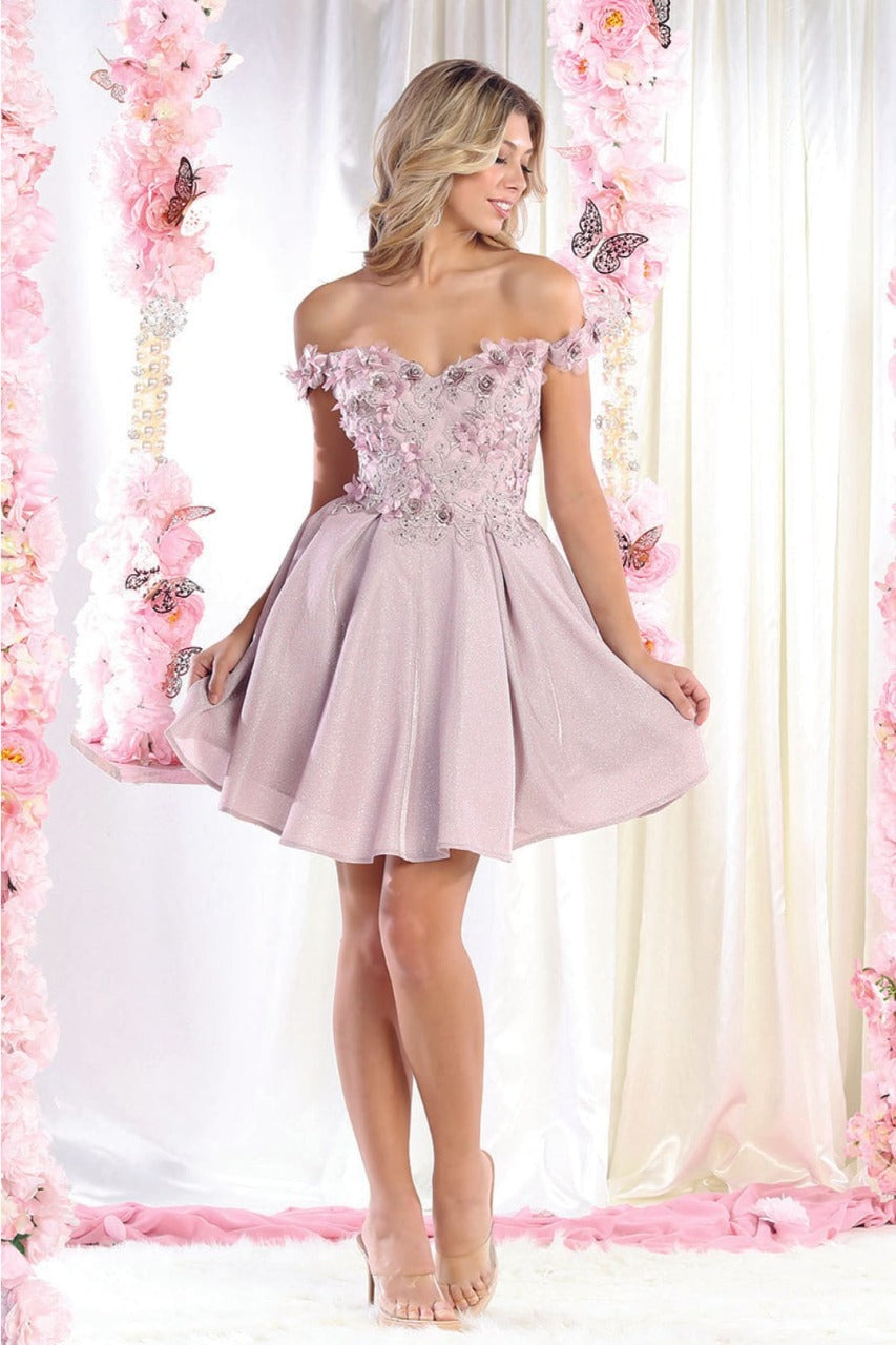 May Queen MQ1906 Off The Shoulder Glitter Short Homecoming Dama Dress - MAUVE / 2 - Dress
