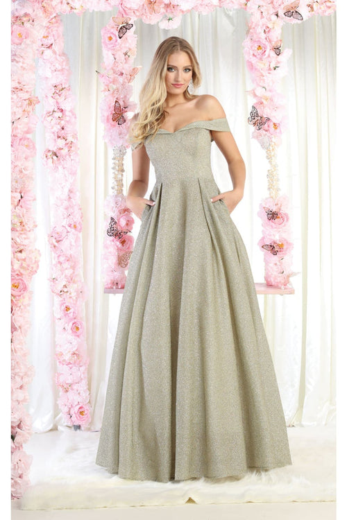 May Queen MQ1915 Off The Shoulder Glitter A Line Evening Gowns - Champagne / 4