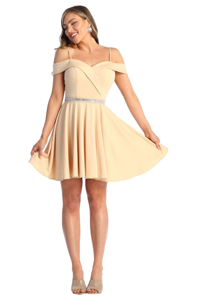 Short Homecoming Cold Shoulder Dress - CHAMPAGNE / 4