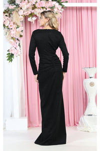 Long Sleeve Pleated Evening Dress - Dress