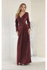 May Queen MQ1924 V Neck Long Sleeve Shimmer Formal Dress - EGGPLANT / S - Dress