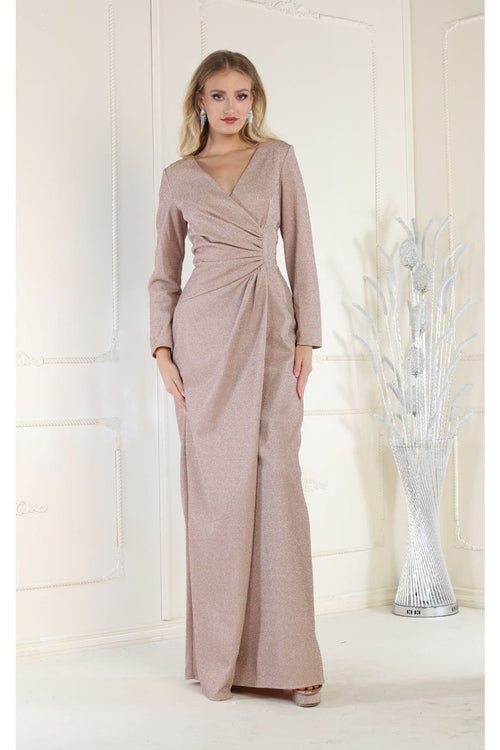May Queen MQ1924 V Neck Long Sleeve Shimmer Formal Dress - ROSE GOLD / L - Dress