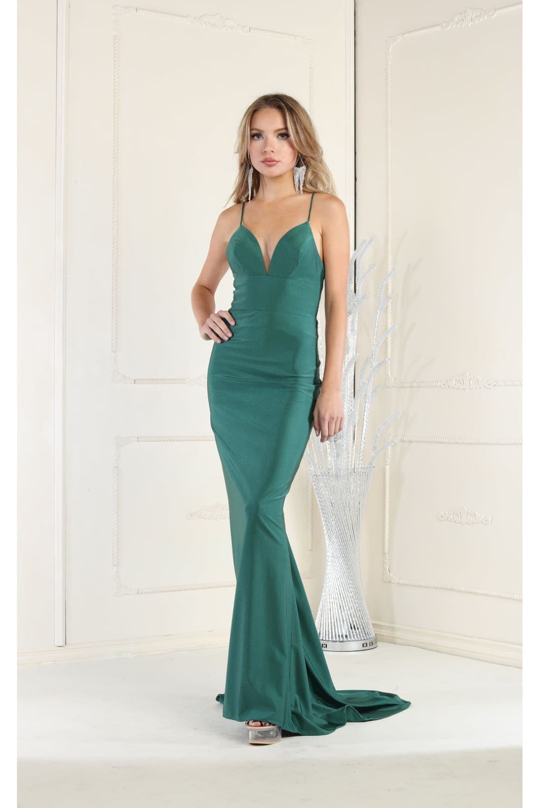 V-neckline Spaghetti Strap Prom Dress - Hunter Green / 2