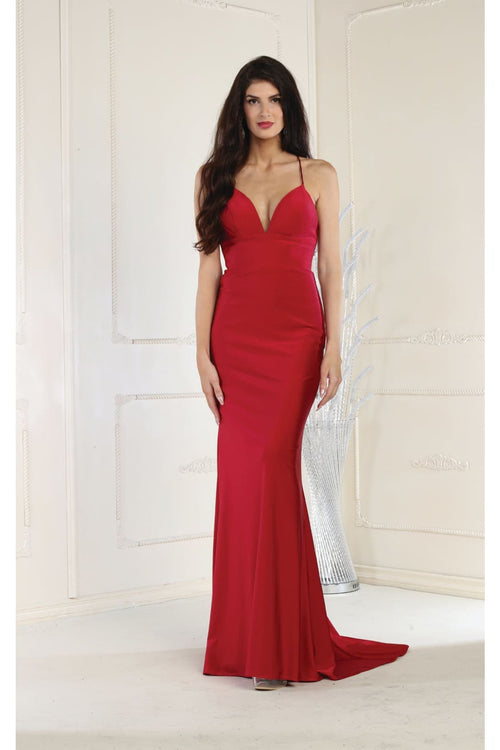 V Neck Spaghetti Strap Prom Dress - Burgundy / 2