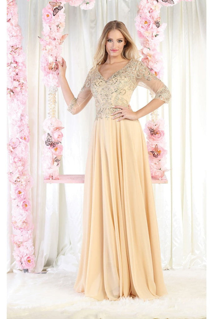 May Queen MQ1936 3/4 Sleevele A-lin Chiffon Dress - Dresses