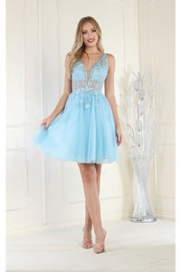 May Queen MQ1949 Deep V-neck Embroidered Cocktail Dress - BABYBLUE / 4