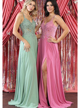 May Queen MQ1958 V-Neck Embroidered Corset Chiffon A-Line Dress