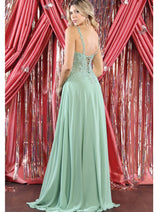 May Queen MQ1958 V-Neck Embroidered Corset Chiffon A-Line Dress