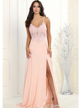 May Queen MQ1958 V-Neck Embroidered Corset Chiffon A-Line Dress