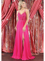 May Queen MQ1958 V-Neck Embroidered Corset Chiffon A-Line Dress