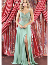 May Queen MQ1958 V-Neck Embroidered Corset Chiffon A-Line Dress