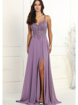 May Queen MQ1958 V-Neck Embroidered Corset Chiffon A-Line Dress