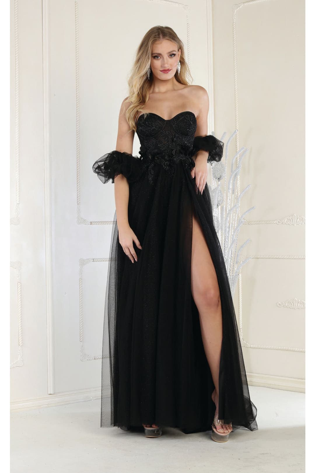 May Queen MQ1961 Floral Applique Special Occasion Gown - BLACK / 4 - Dress