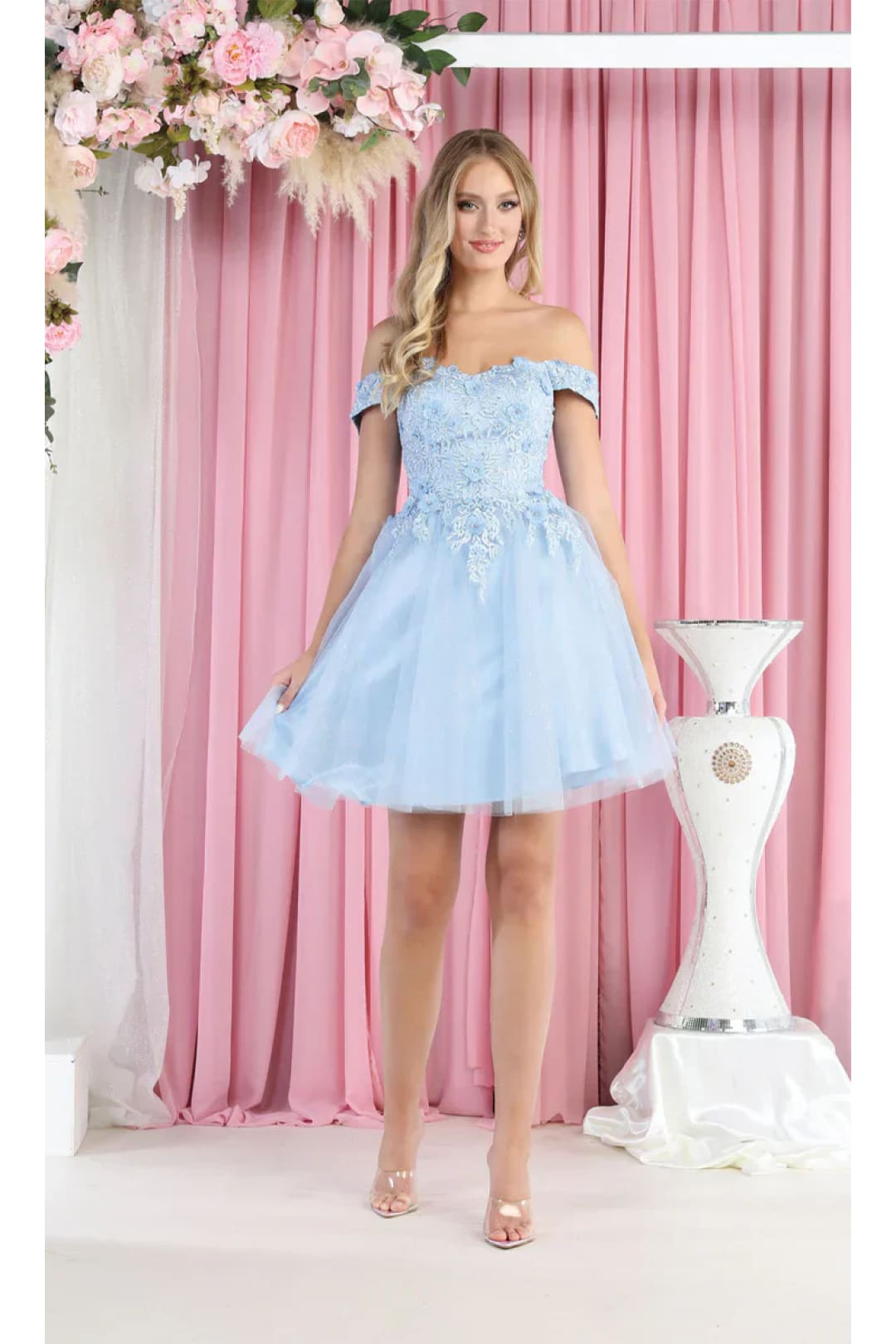 May Queen MQ1964 3D Floral Applique & Beaded Cap Sleeves Dress - Baby blue / 4 - Dress