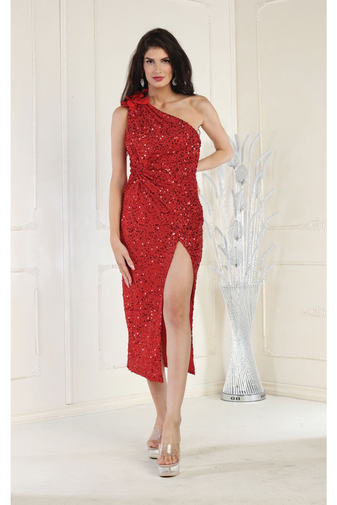 May Queen MQ1967 One Shoulder Sequin Cocktail Dress - RED / 4