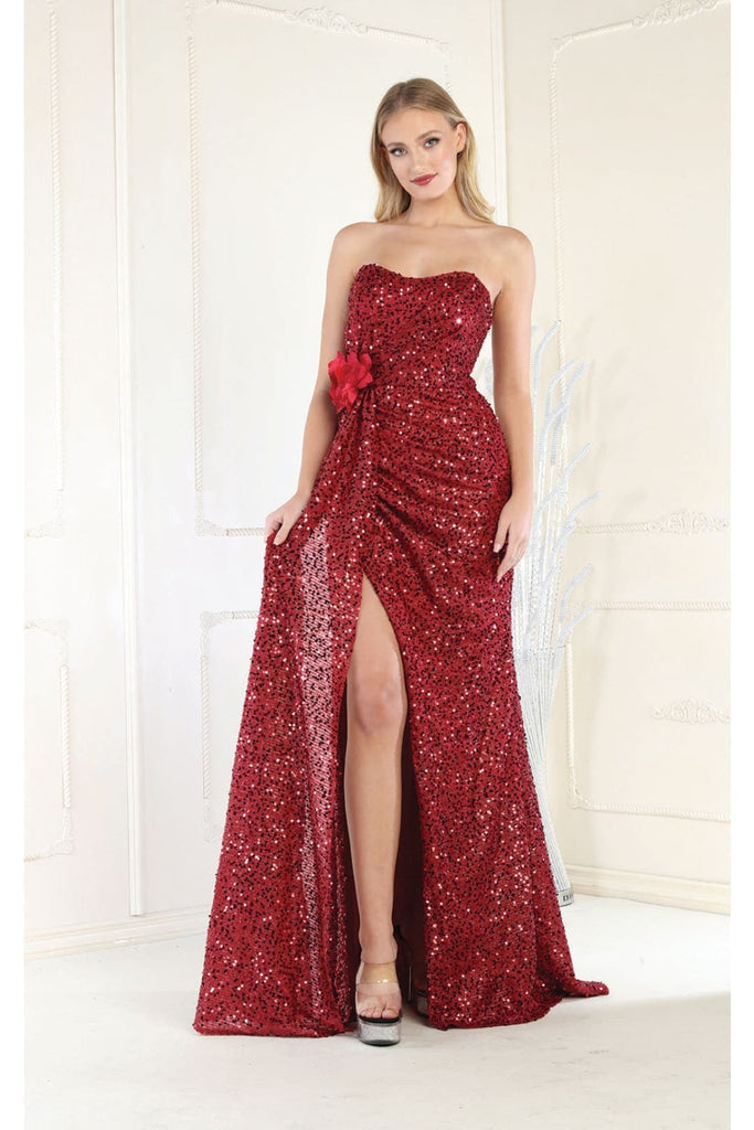 May Queen MQ1968 Strapless Sequined Formal Gown - BURGUNDY / 4 - Dress