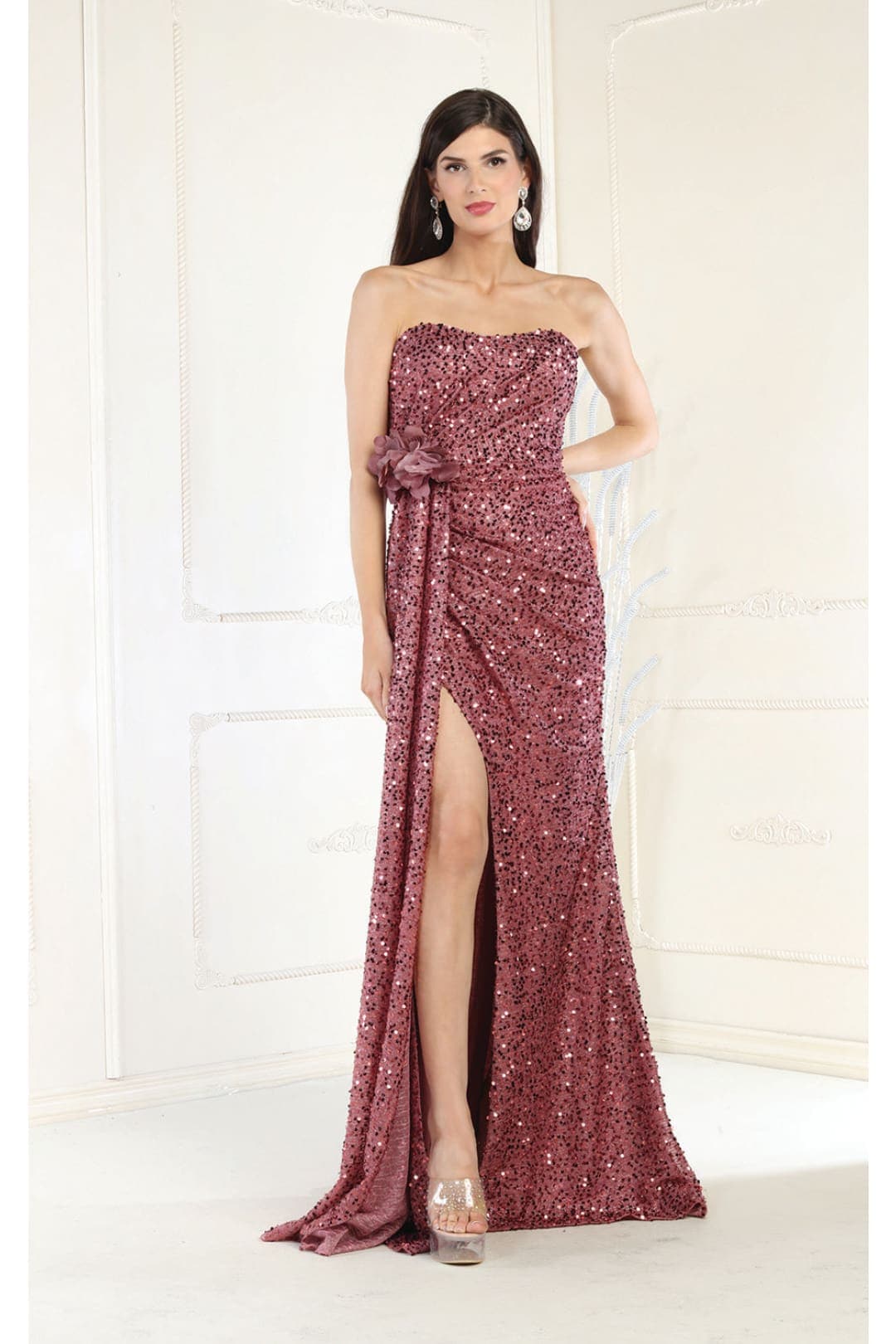 May Queen MQ1968 Strapless Sequined Formal Gown - MAUVE / 4 - Dress