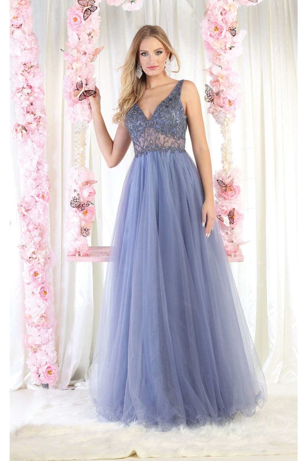 May Queen MQ1971 Embroidered A-line Prom Gown - DUSTY BLUE / 2