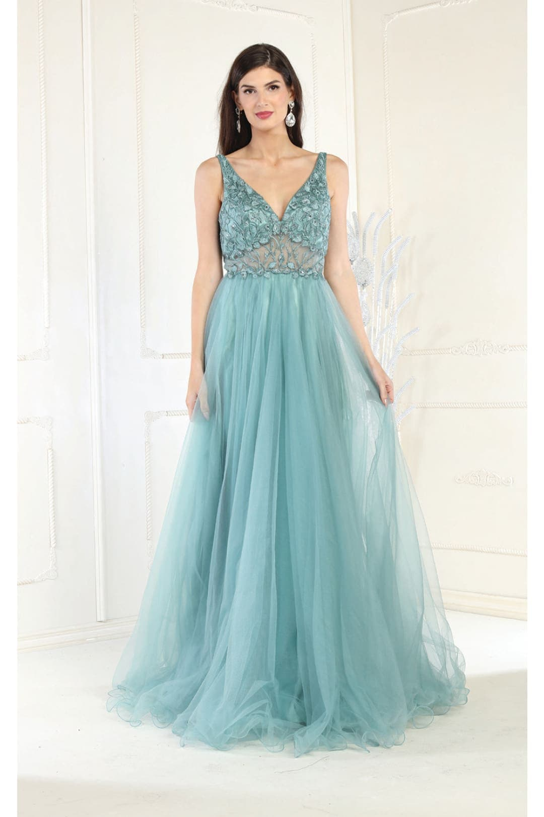 May Queen MQ1971 Embroidered A-line Prom Gown - SAGE / 2