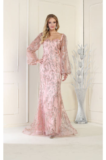 May Queen MQ1973 Bishop Sleeve Glitter Gown
