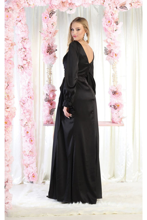 May Queen MQ1974 Long Sleeve Satin Evening Dress