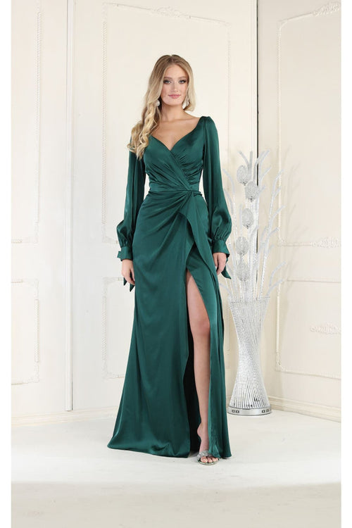 May Queen MQ1974 Long Sleeve Satin Evening Dress - HUNTER GREEN / 4