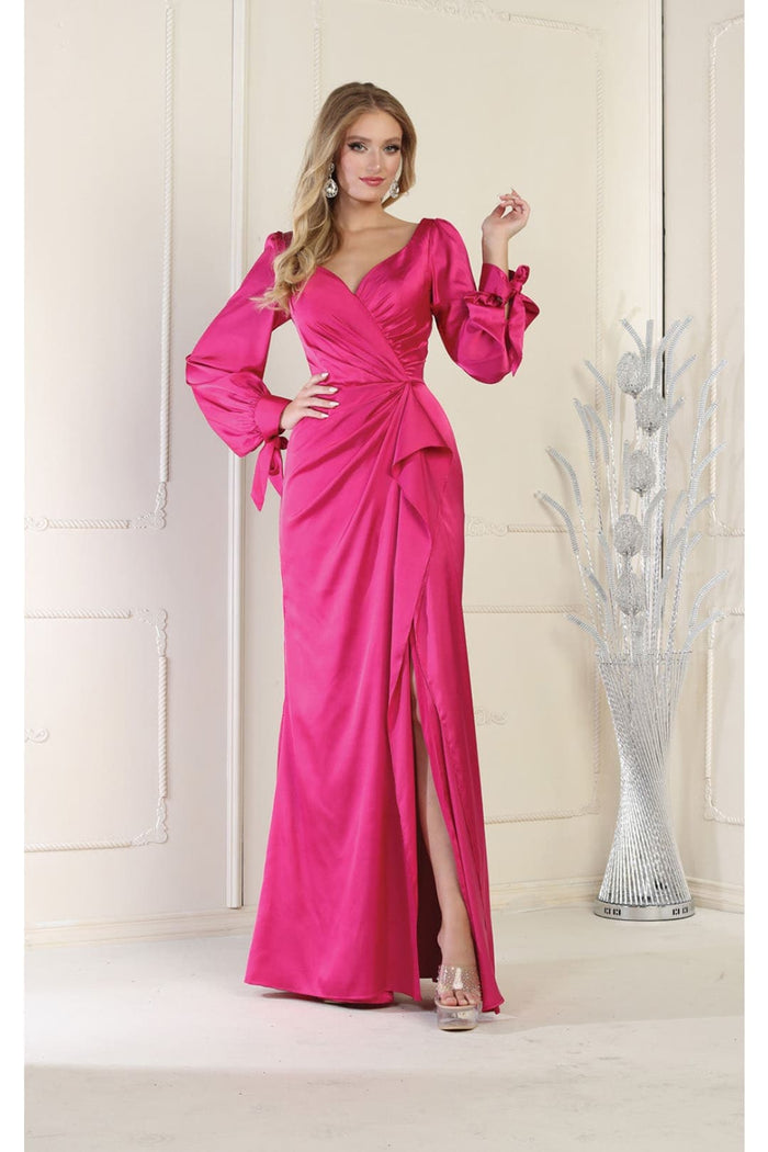 May Queen MQ1974 Long Sleeve Satin Evening Dress - MAGENTA / 4