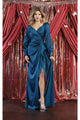 May Queen MQ1974 Long Sleeve Satin Evening Dress - TEAL BLUE / 4