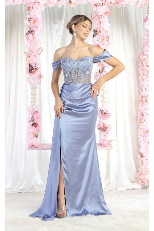 May Queen MQ1977 Sheer Bodcie Red Carpet Gown - DUSTYBLUE / 4 - Dress