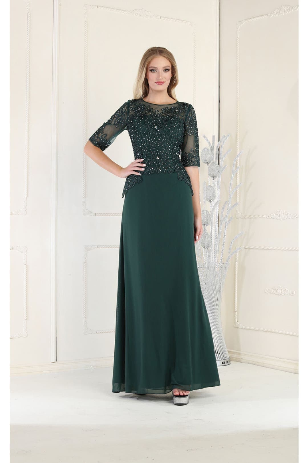 May Queen MQ1980 Boat Neck Embroidery Mother Of The Bride Dress