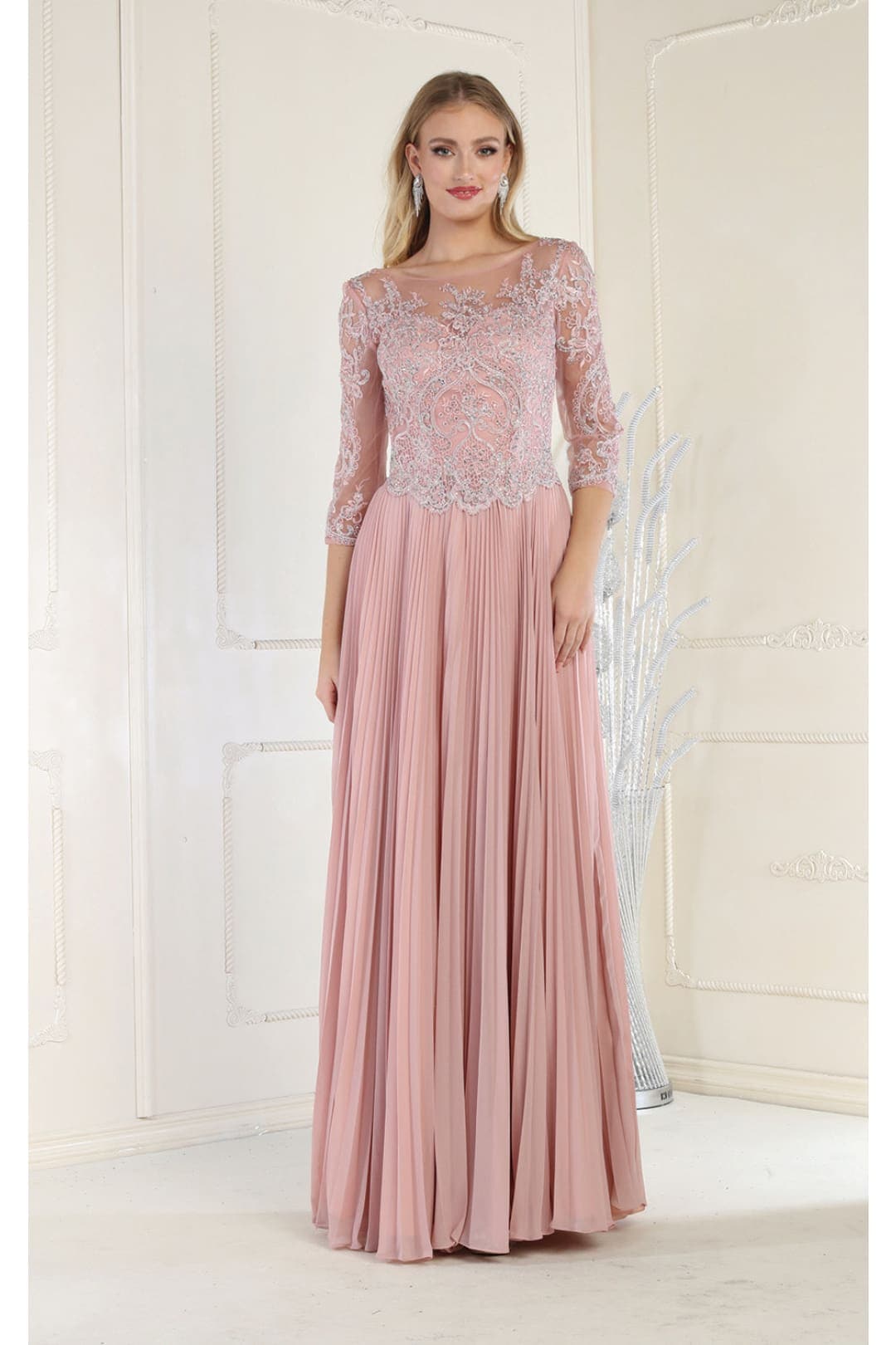 May Queen MQ1980 Pleated Embroidery Mother Of The Bride Gown - DUSTY ROSE / M