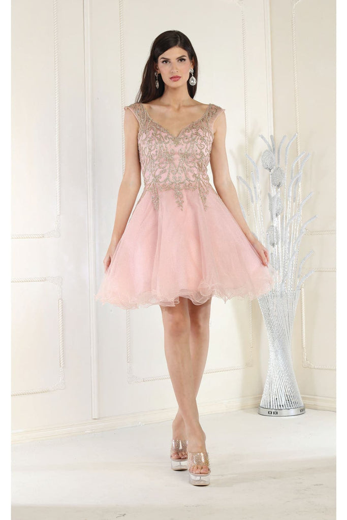 May Queen MQ1984 Embellished Graduation Dress - BLUSH/GOLD / 4