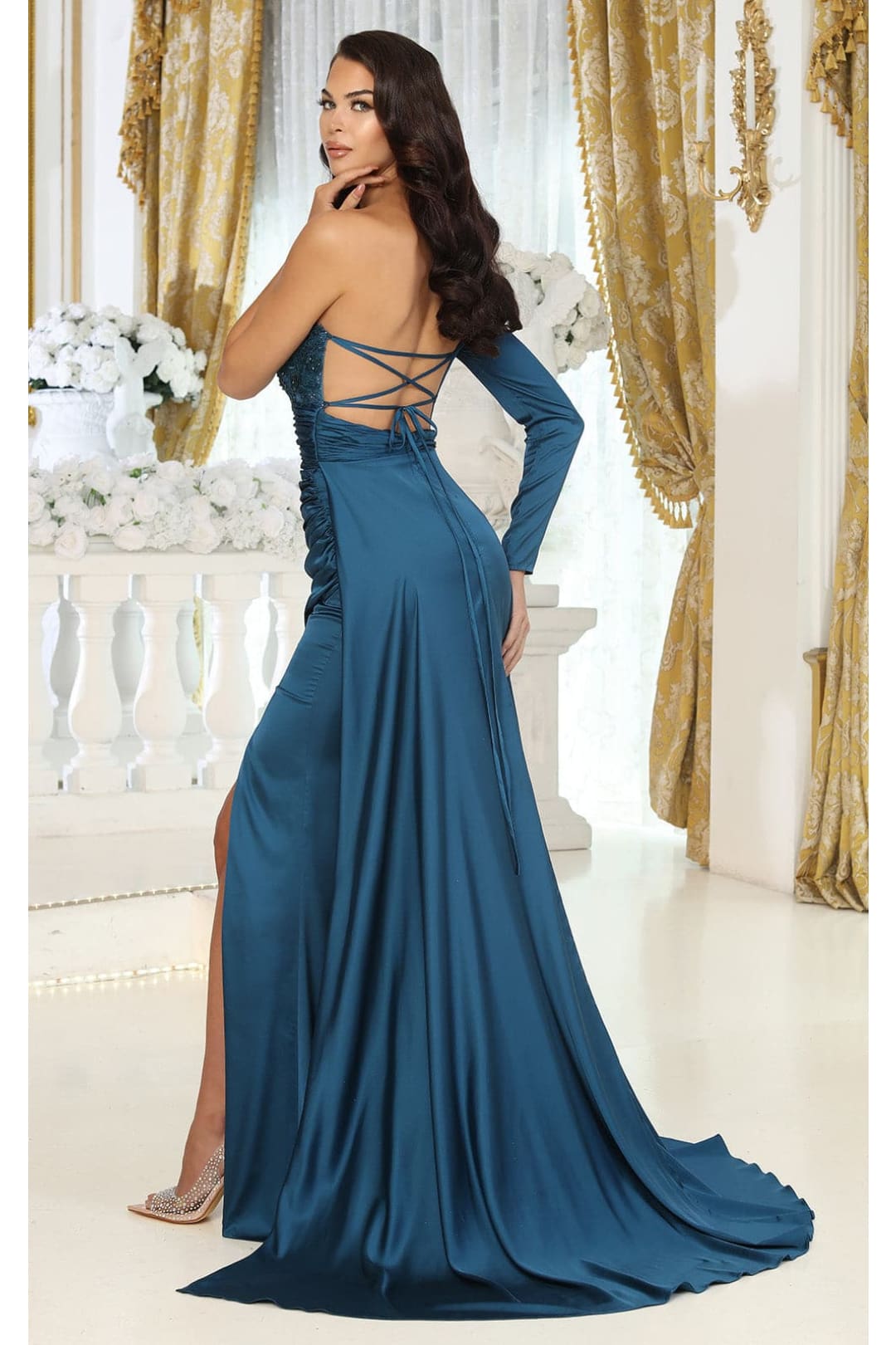 May Queen MQ1985 Satin Strappy Back One Sleeve Prom Evening Gown - Dress