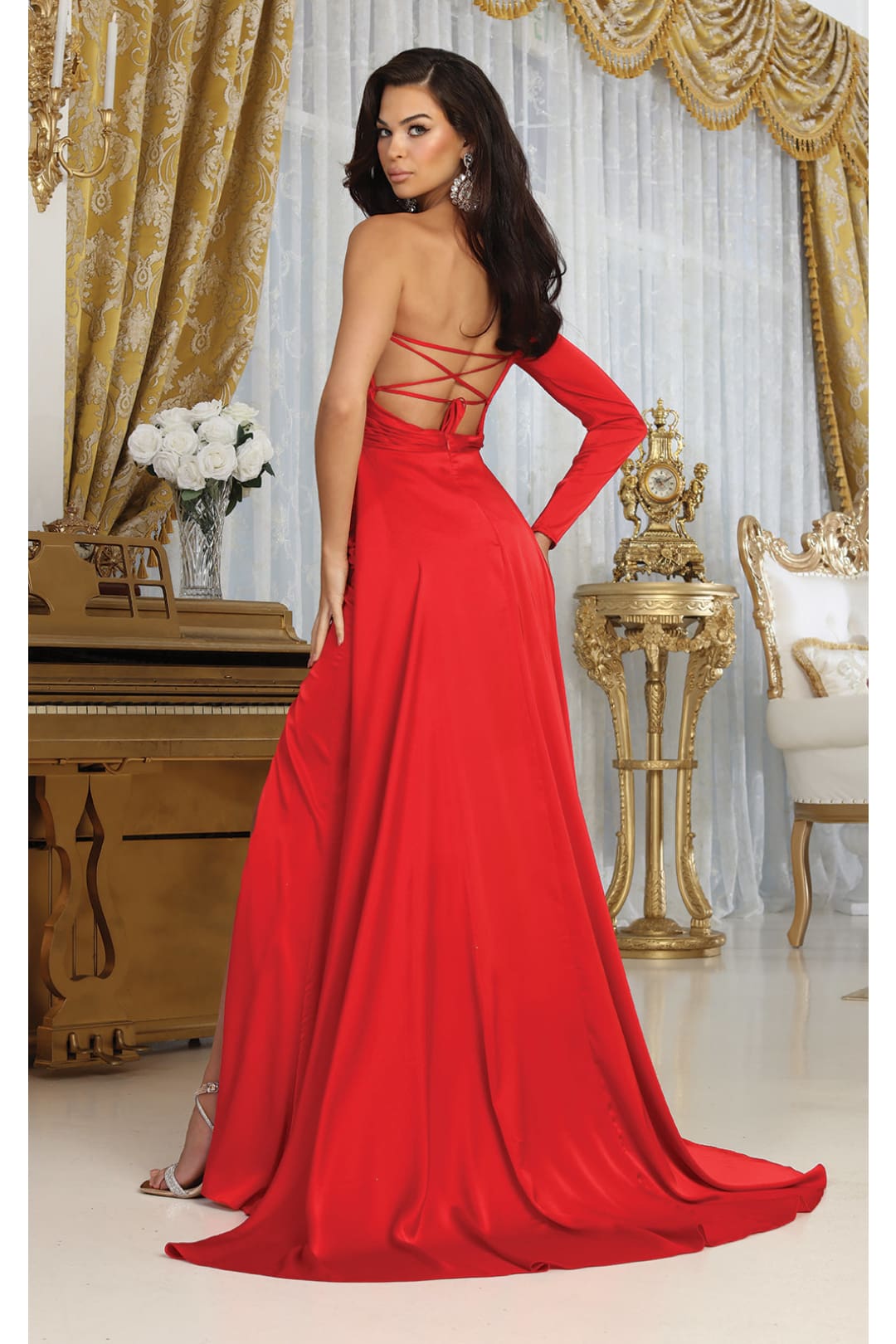 May Queen MQ1985 Satin Strappy Back One Sleeve Prom Evening Gown - Dress
