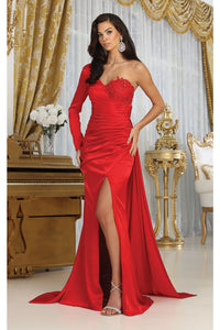 May Queen MQ1985 Satin Strappy Back One Sleeve Prom Evening Gown - RED / 4 - Dress