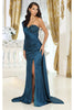 May Queen MQ1985 Satin Strappy Back One Sleeve Prom Evening Gown - TEAL BLUE / 4 - Dress