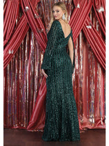 May Queen MQ1986 Hunter Green Cape Sleeves Sequined Evening Dress