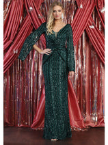 May Queen MQ1986 Hunter Green Cape Sleeves Sequined Evening Dress