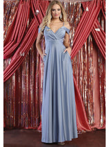 May Queen MQ1988 V-Neck Cold Shoulder Ruched Long A-Line Dress