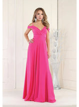 May Queen MQ1988 V-Neck Cold Shoulder Ruched Long A-Line Dress