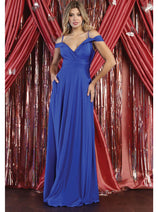 May Queen MQ1988 V-Neck Cold Shoulder Ruched Long A-Line Dress