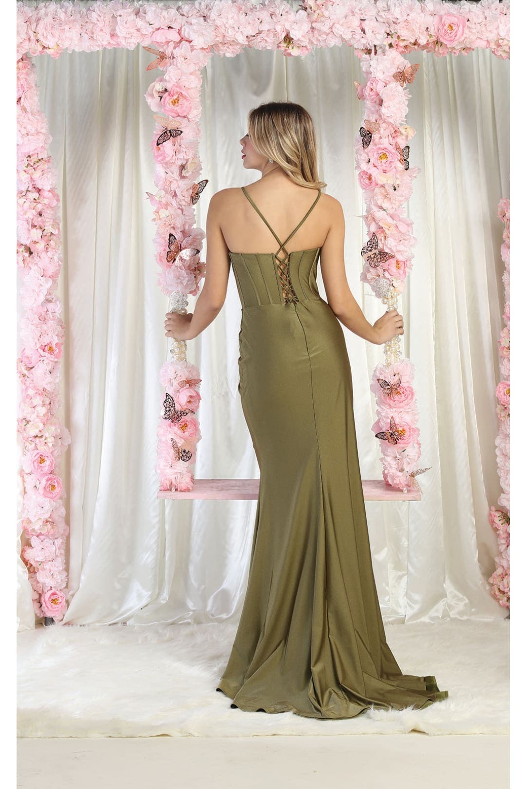 May Queen MQ1991G Corset Bone Slit Strappy Back Olive Formal Dress - Dress