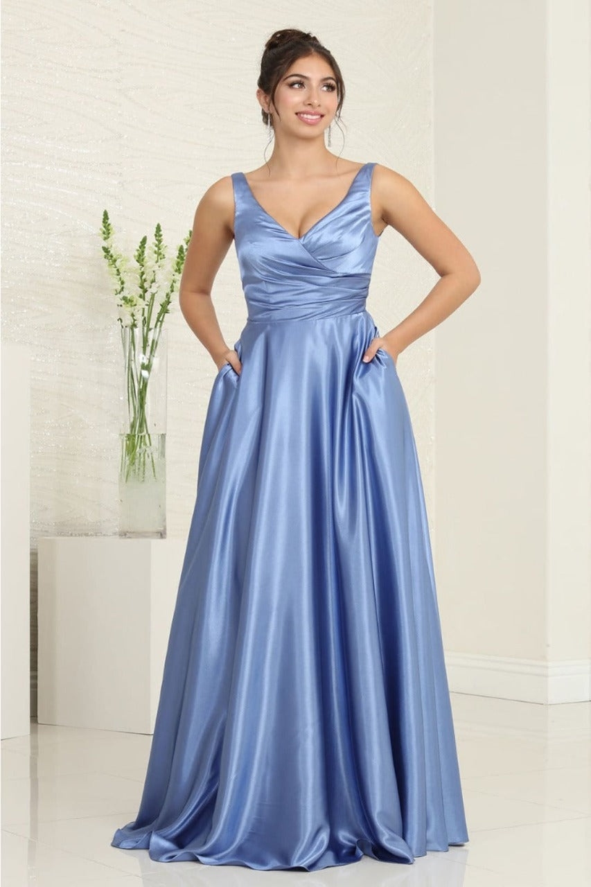 May Queen MQ1994 Sleeveless Side Pockets Satin Formal Bridesmaid Dress - DUSTY BLUE / 4 - Dress