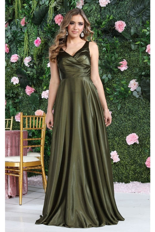 May Queen MQ1994 Sleeveless Side Pockets Satin Formal Bridesmaid Dress - OLIVE / 4 - Dress