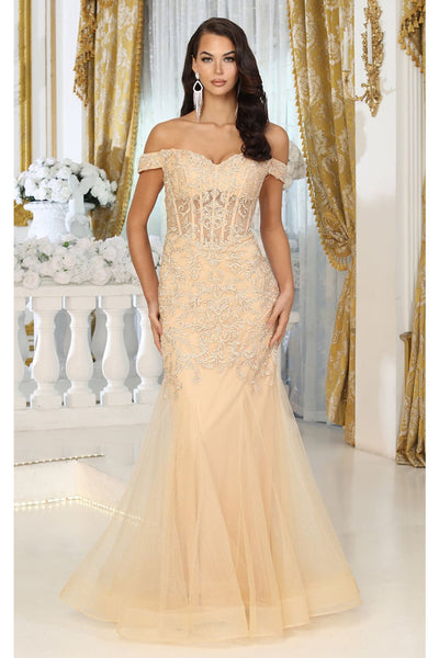 May Queen MQ1995 Embroidered Mermaird Corset Bone Plus Size Gown - GOLD / 2 - Dress