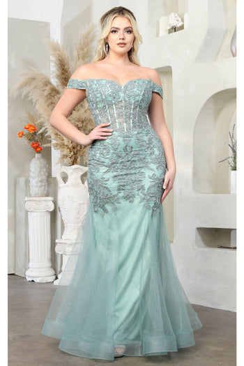 May Queen MQ1995 Embroidered Mermaird Corset Bone Plus Size Gown - SAGE / 2 - Dress